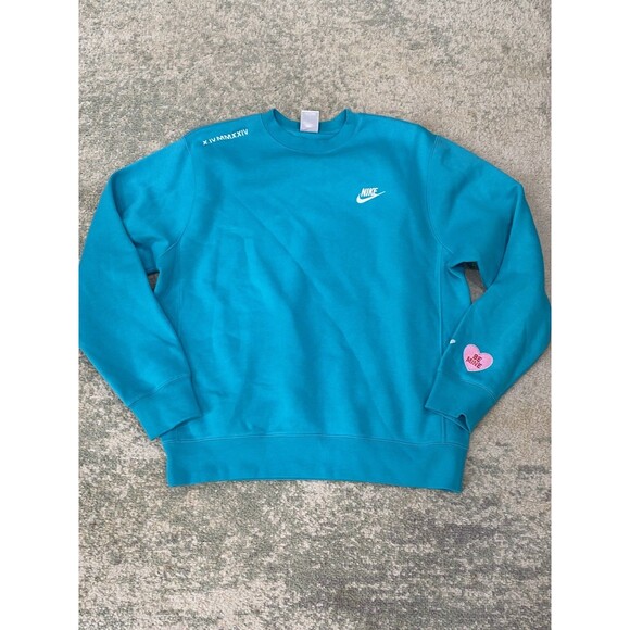Nike Sweatshirt Mens Medium Teal "Be Mine" Heart Crewneck Pullover Fleece Swoosh - Picture 1 of 9